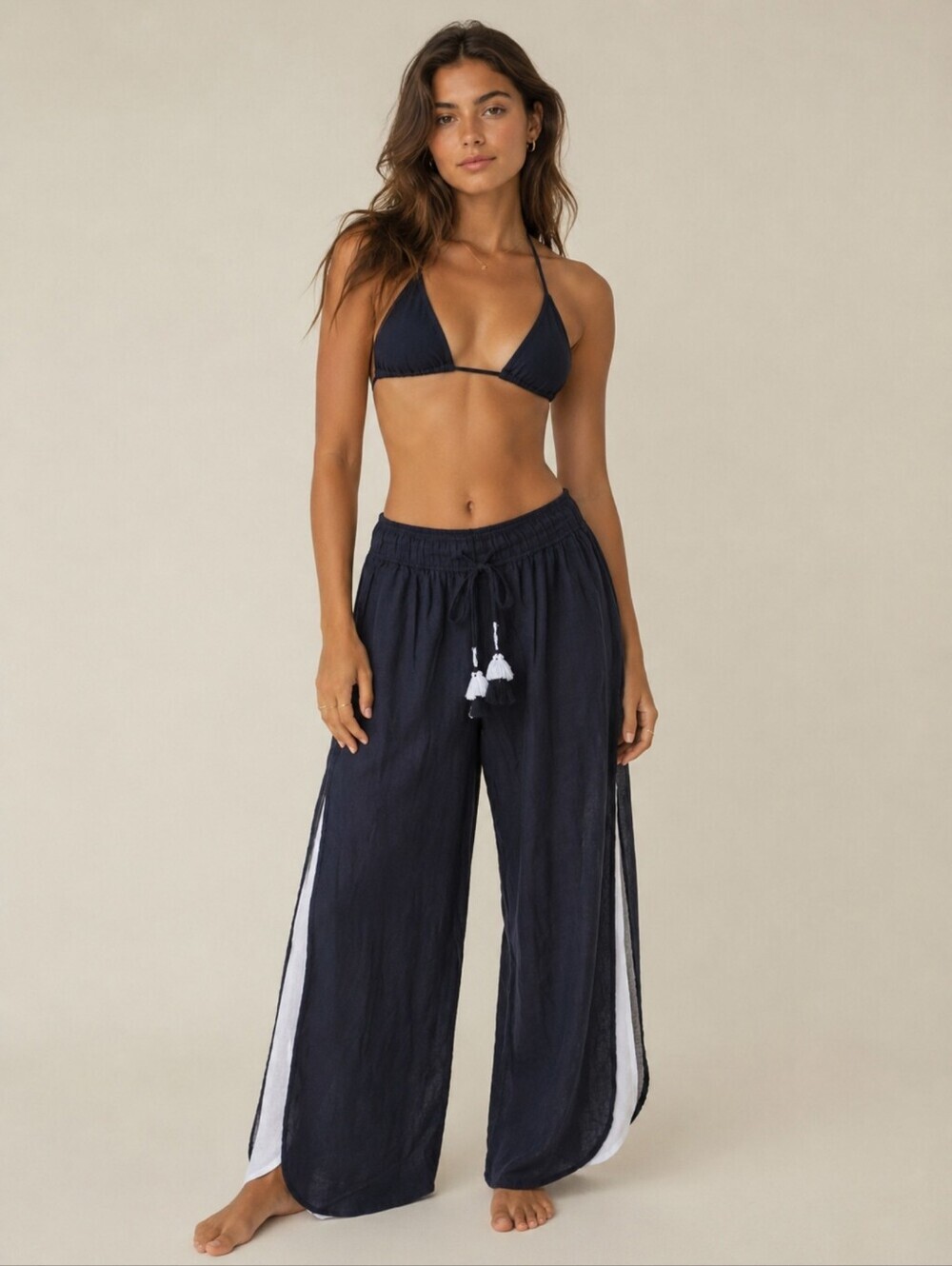 Haute Hippie Double Layered Linen Blend Boho Wide Leg Elastic Waist Pant Medium